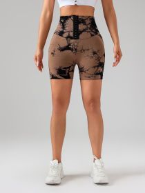 Tie Dye Button Everyday Wear Spring Summer Sports Shorts, High Waist Butt Lift Tie Dye Shorts (Color: Coffee, size: L)
